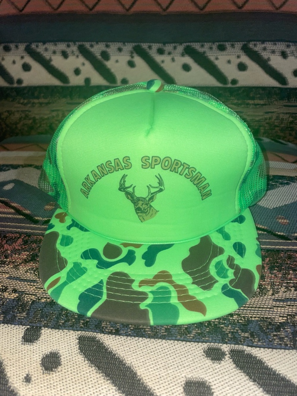 Vintage Arkansas Sportsman Neon Green Camo Trucker Hat